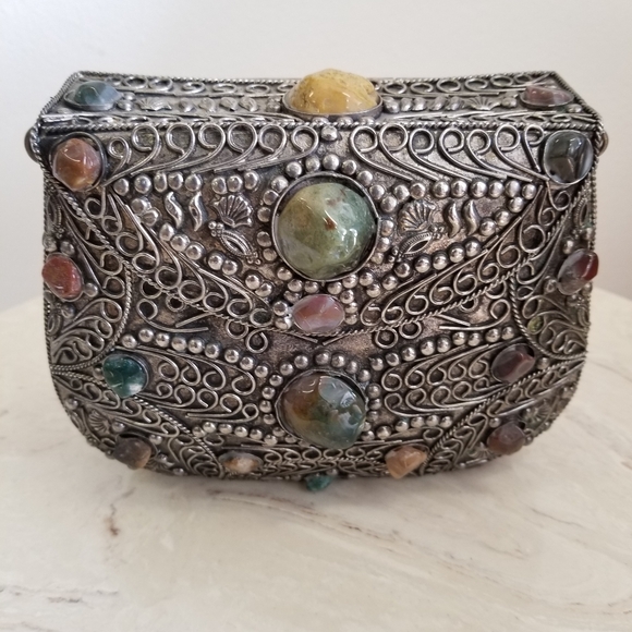 Vintage Sajai Metal Purse with Natural Agate Stones – Filigree Minaudière - Picture 5 of 8